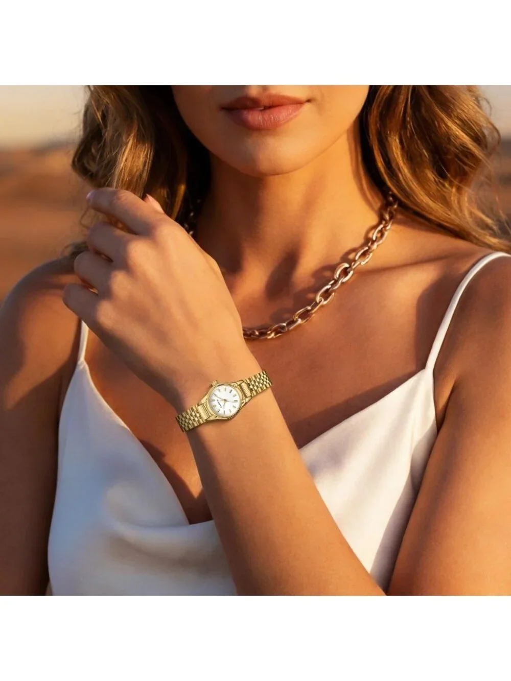 Women's Gold White Small Round Dial with Stainless Steel Bracelet Watchband